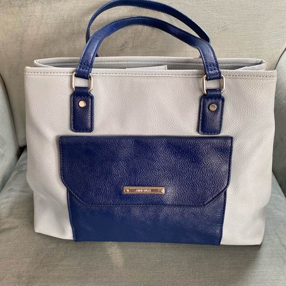 Nine West 2 shade blue vegan leather multi compartment shoulder bag14”x10”x5”EUC - Picture 1 of 16